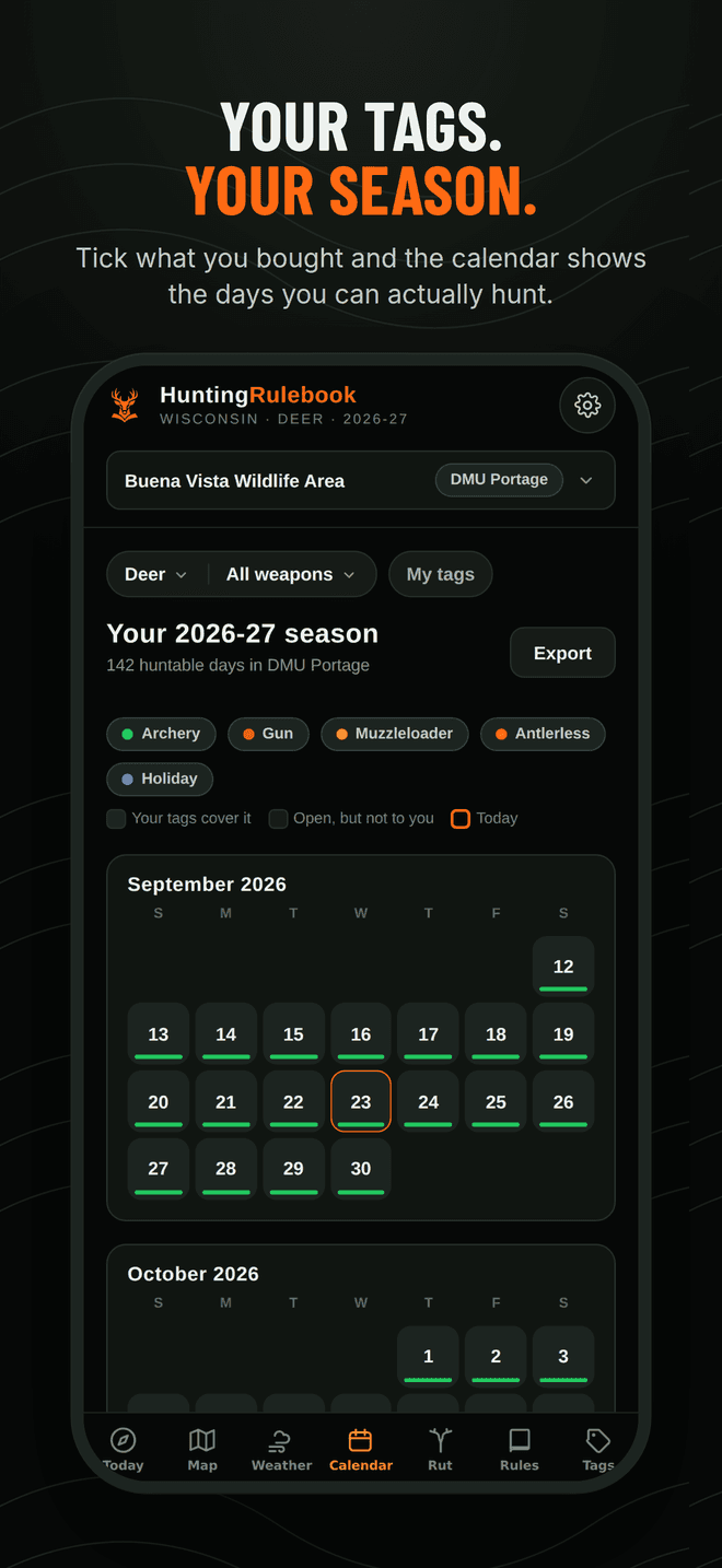 Calendar: the whole season, down to the days your tags cover